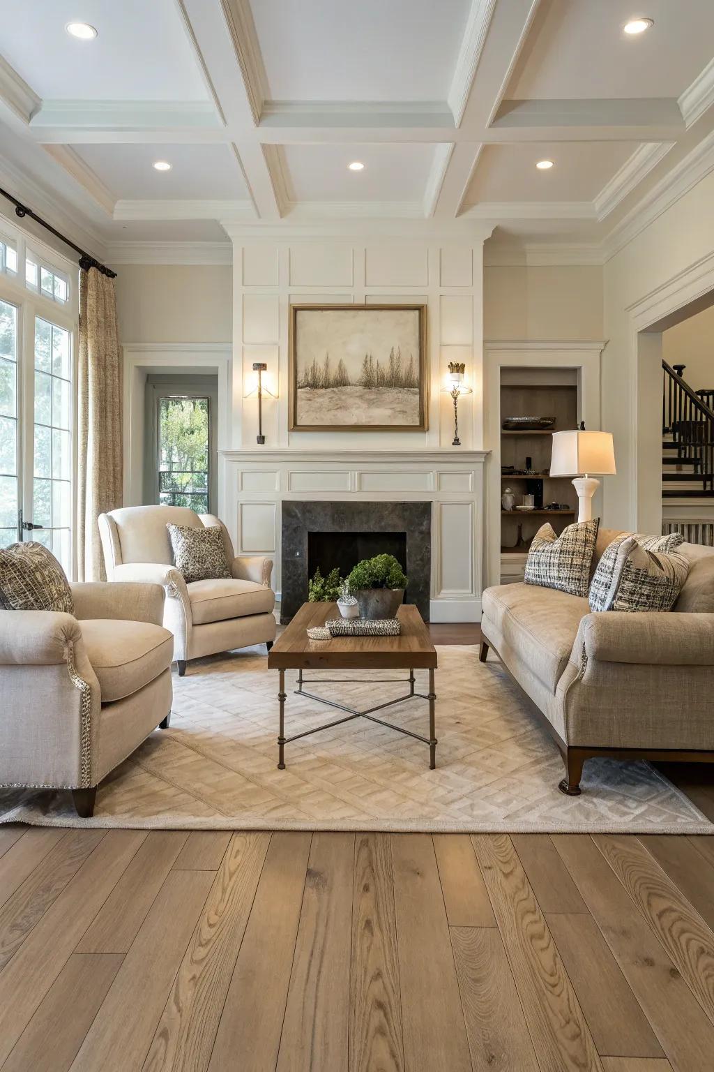 A well-organized living room with a symmetrical arrangement, accentuated by light wood floors.