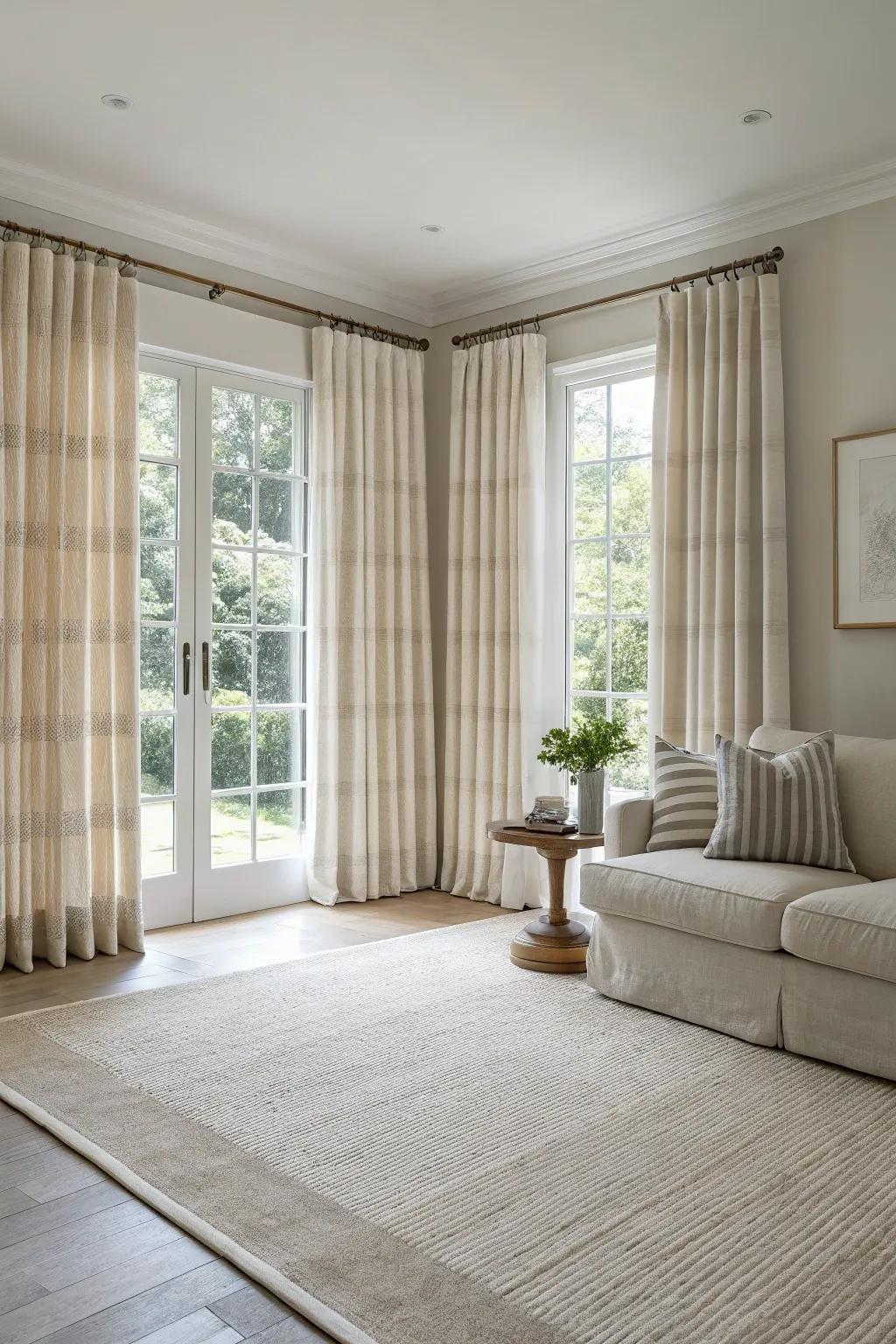Understated bands inject visual intrigue into unadorned curtain aesthetics.