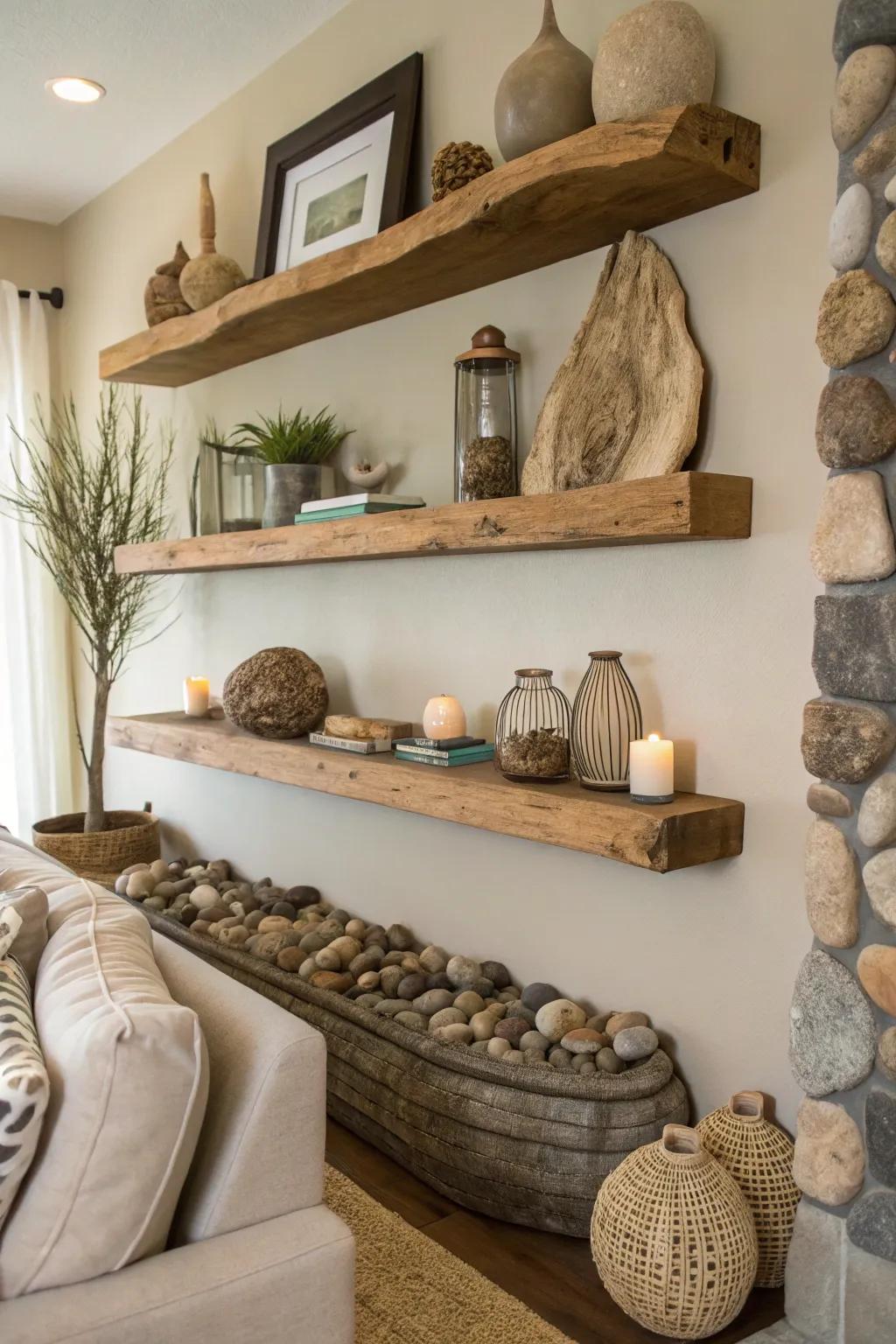 Carry the outside the house inside by using pure facets on shelves.