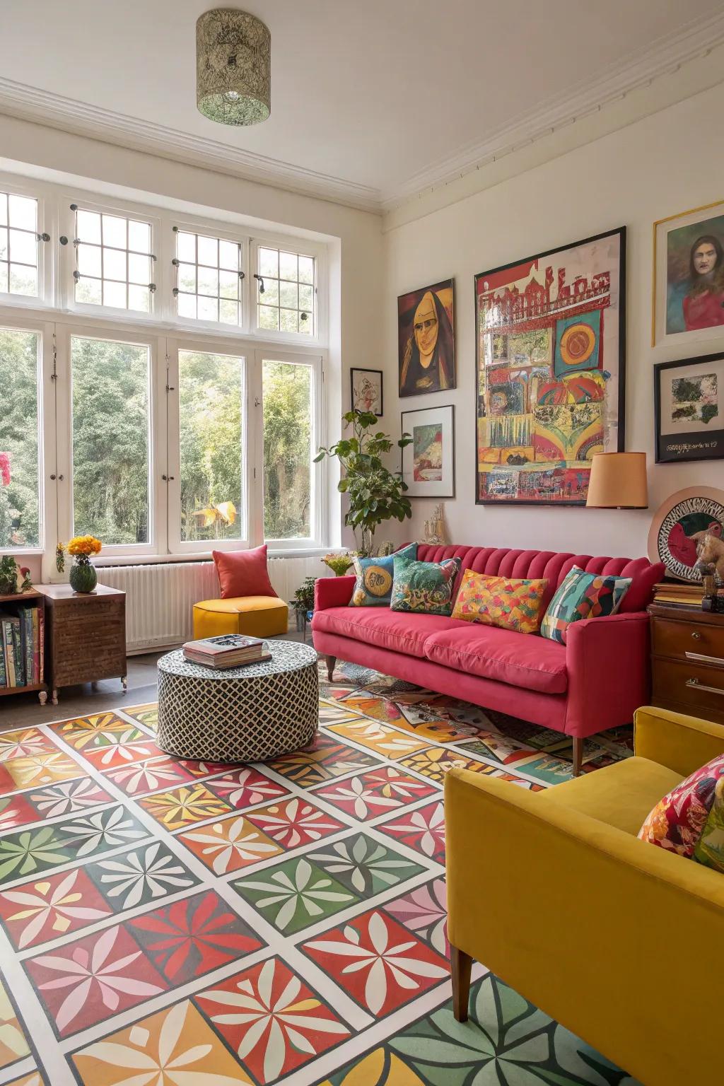 Graphic synthetic flooring infuses persona and panache through daring designs.