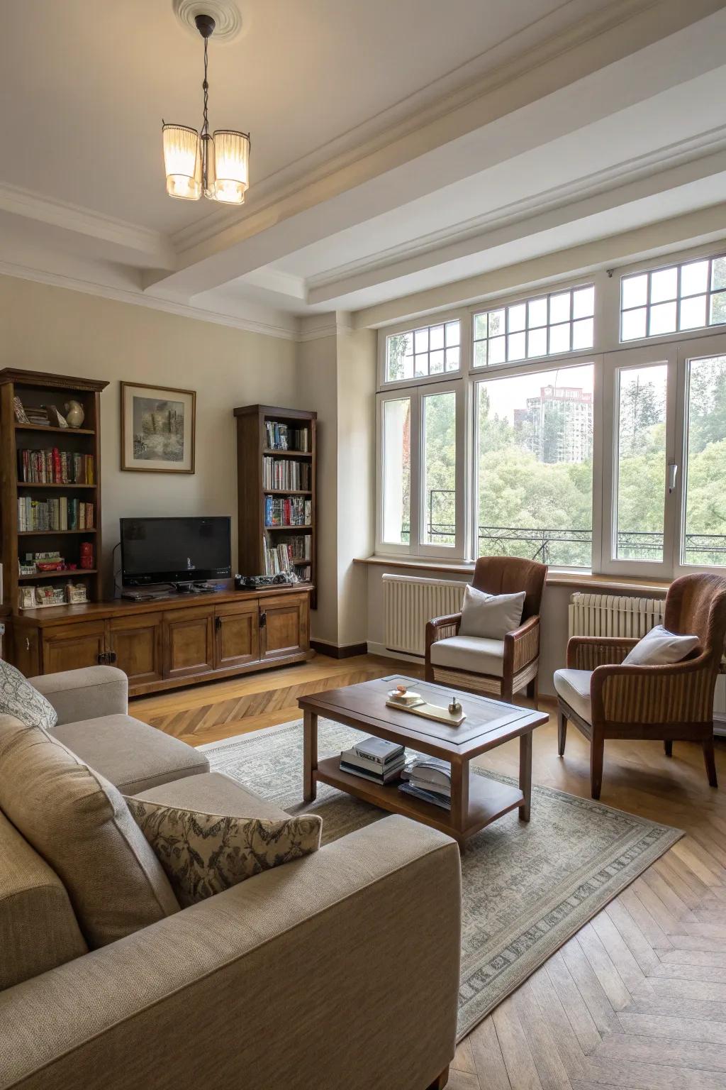 A flexible living area layout featuring easily portable furniture.