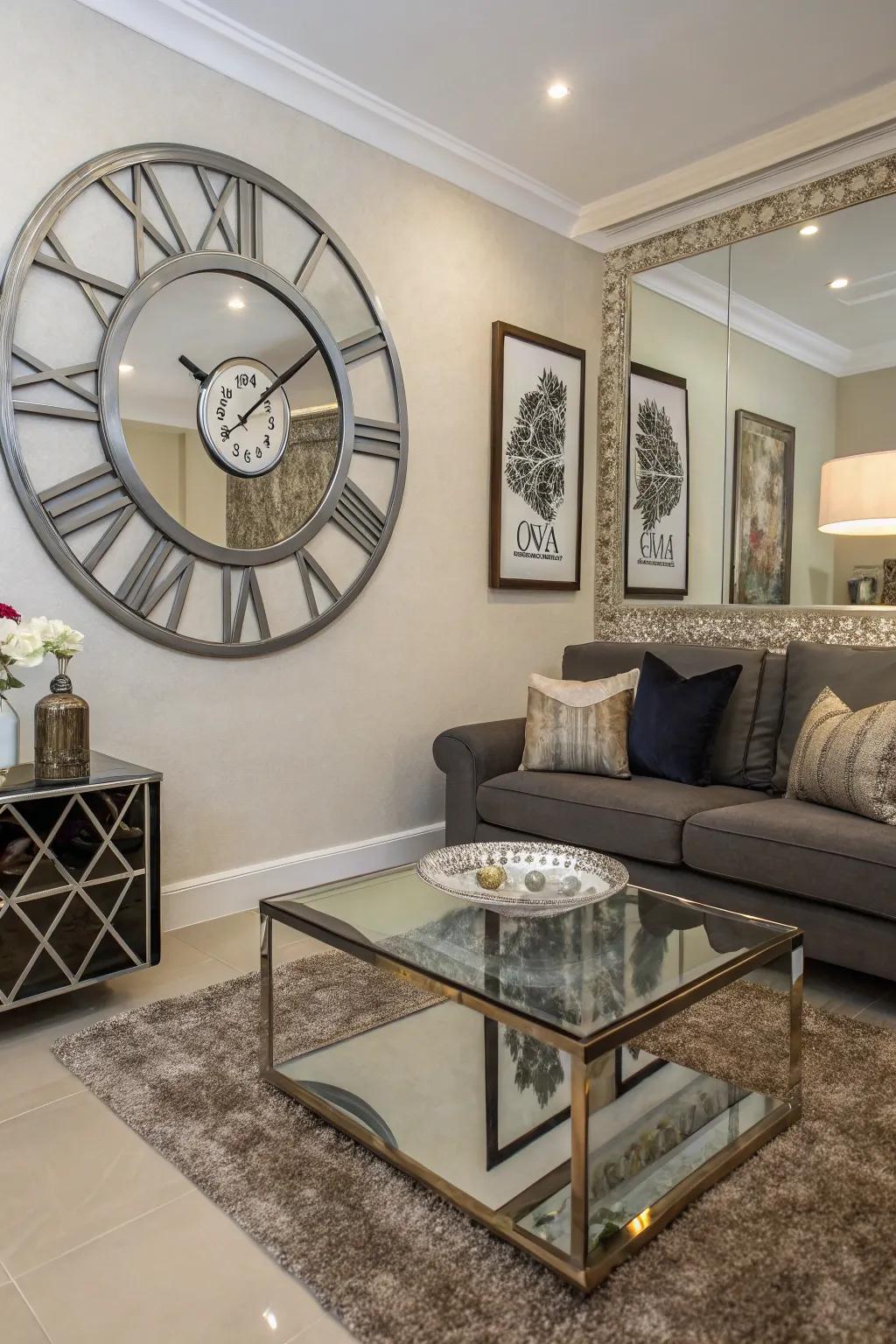 A mirrored clock adds a captivating dimension to the living room by using reflection.