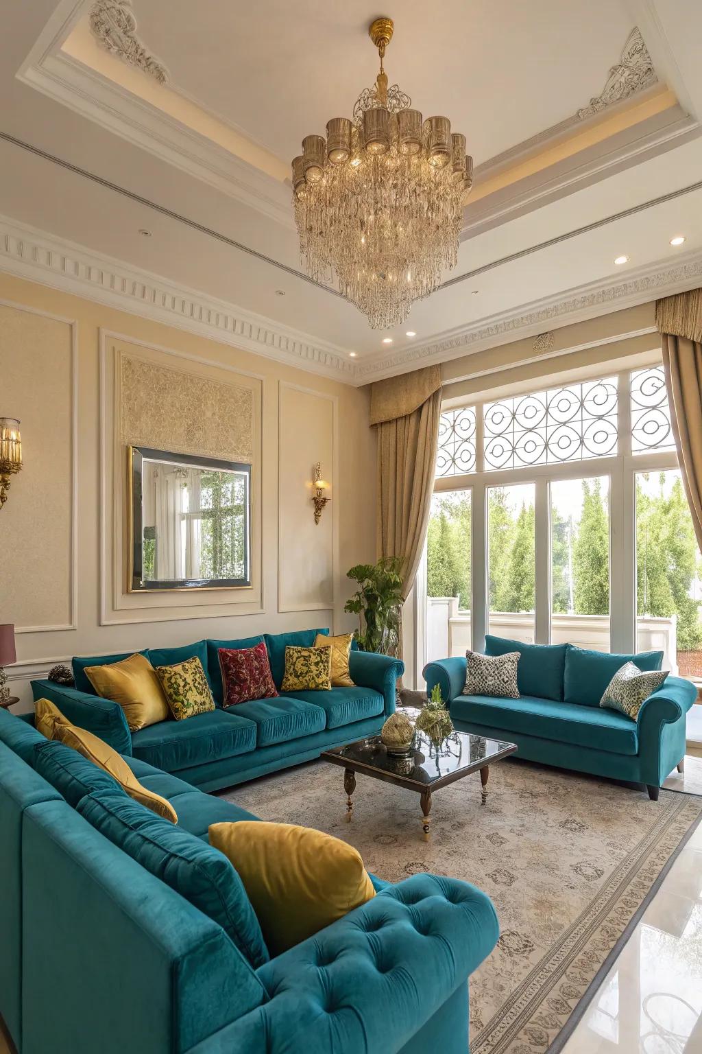 Eye-catching color accents add vibrancy to this upscale living room.