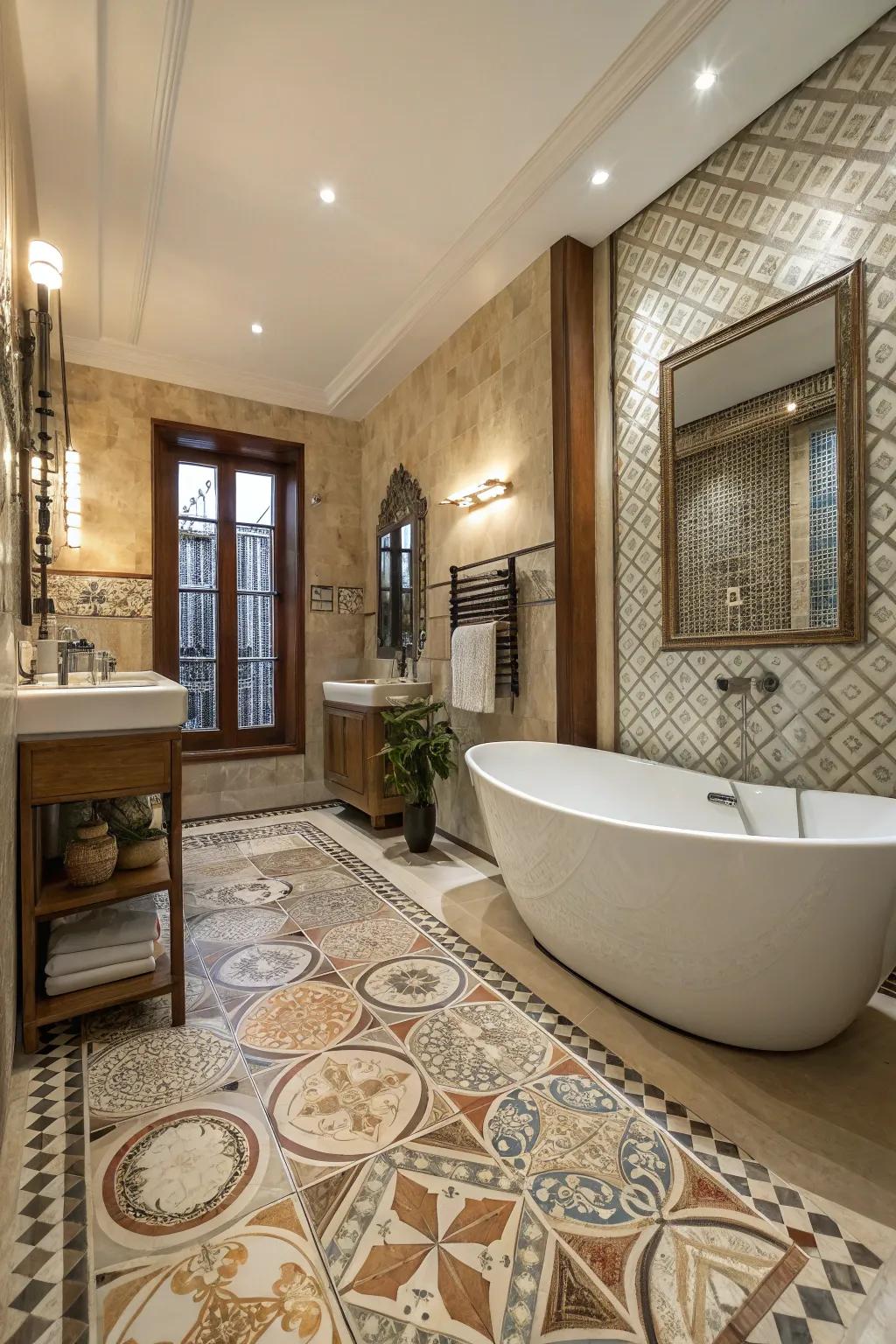 A deluxe bathroom featuring distinctive tile designs.