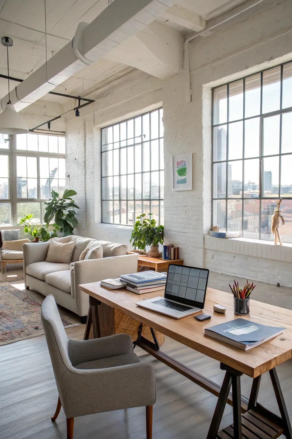 Achieve work-life balance in a loft office designed for productivity and relaxation.