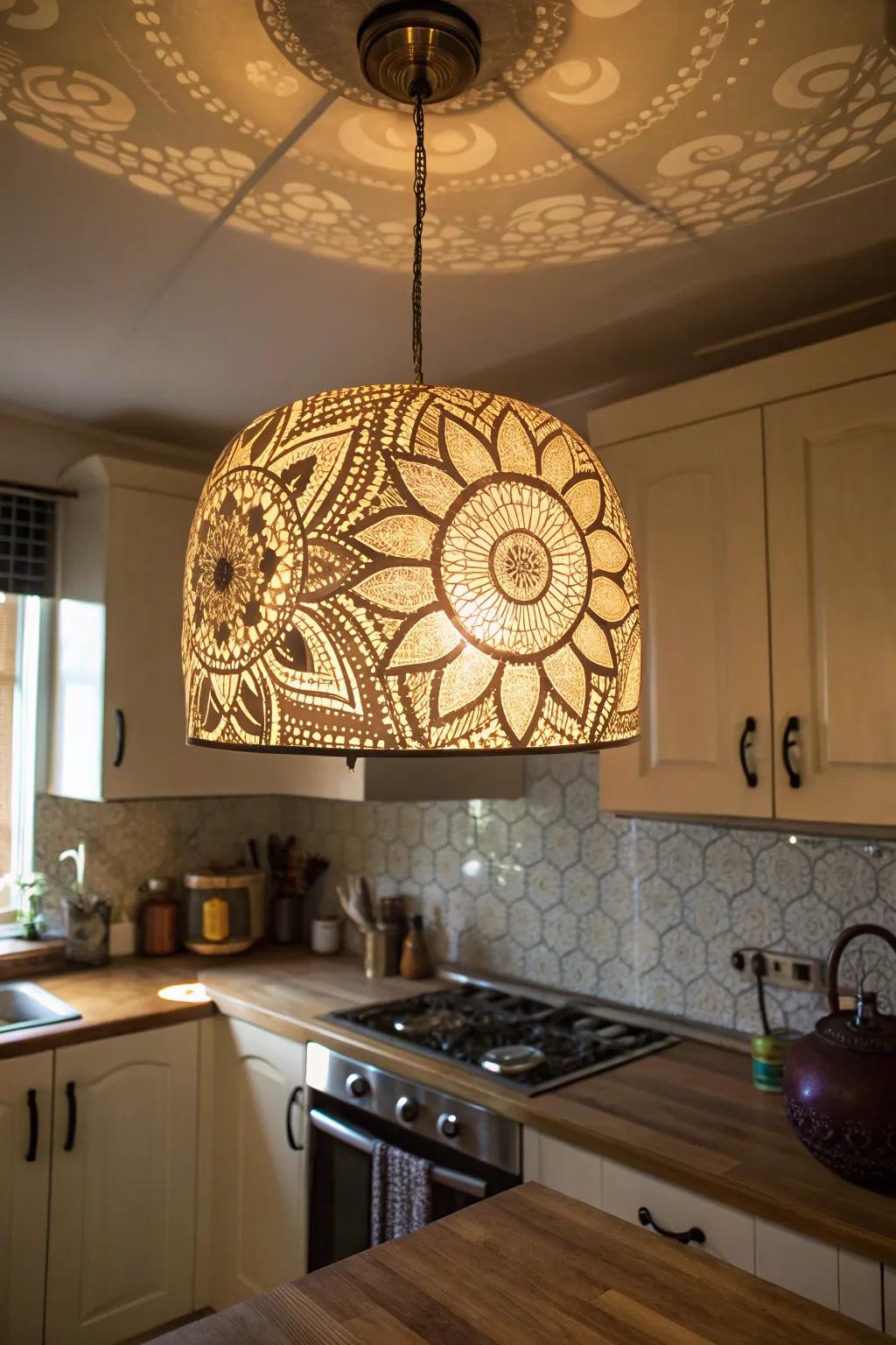 A pendant light with mandala patterns casting ornamental shadows in a kitchen.