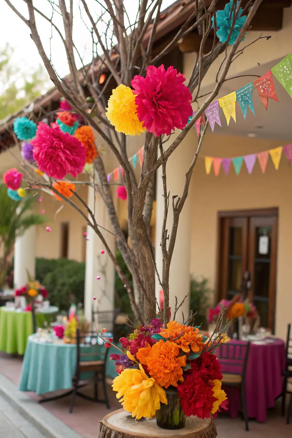 Festive fiesta featuring animated pigments and paper blossoms upon manzanita branches.