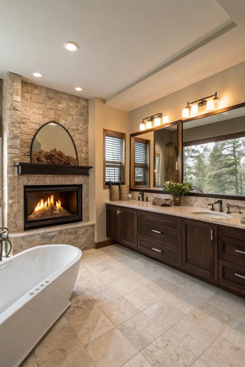 The fireplace introduces a warm and inviting element to this luxurious master bathroom.