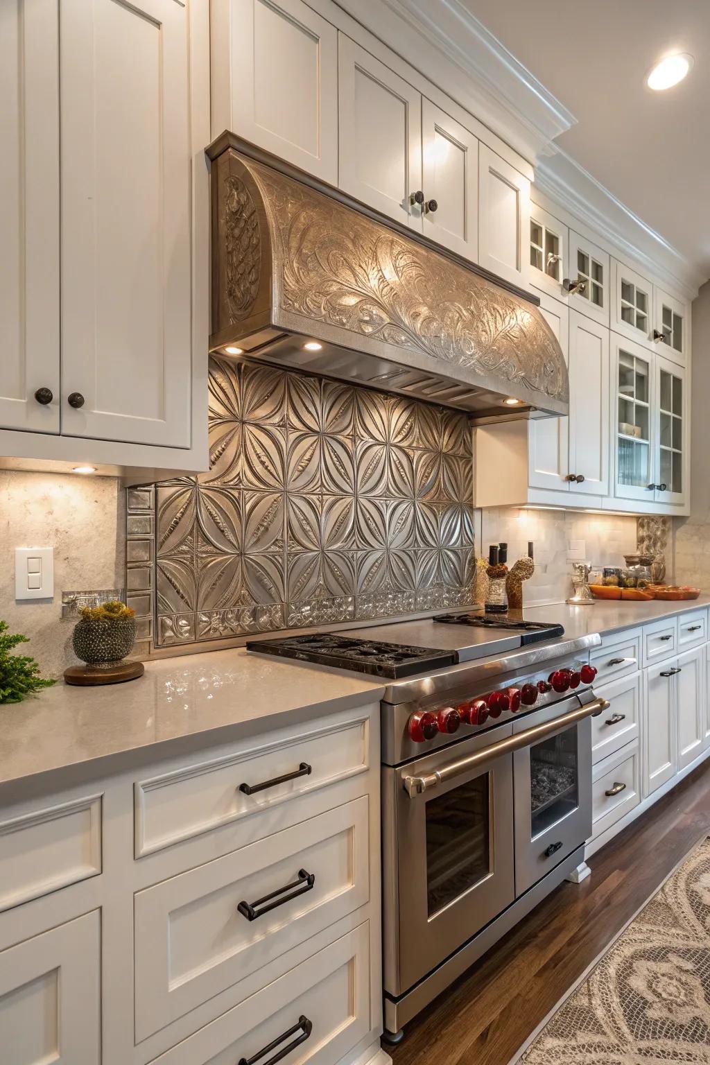 A kitchen featuring a custom artistic metalwork metal backsplash.