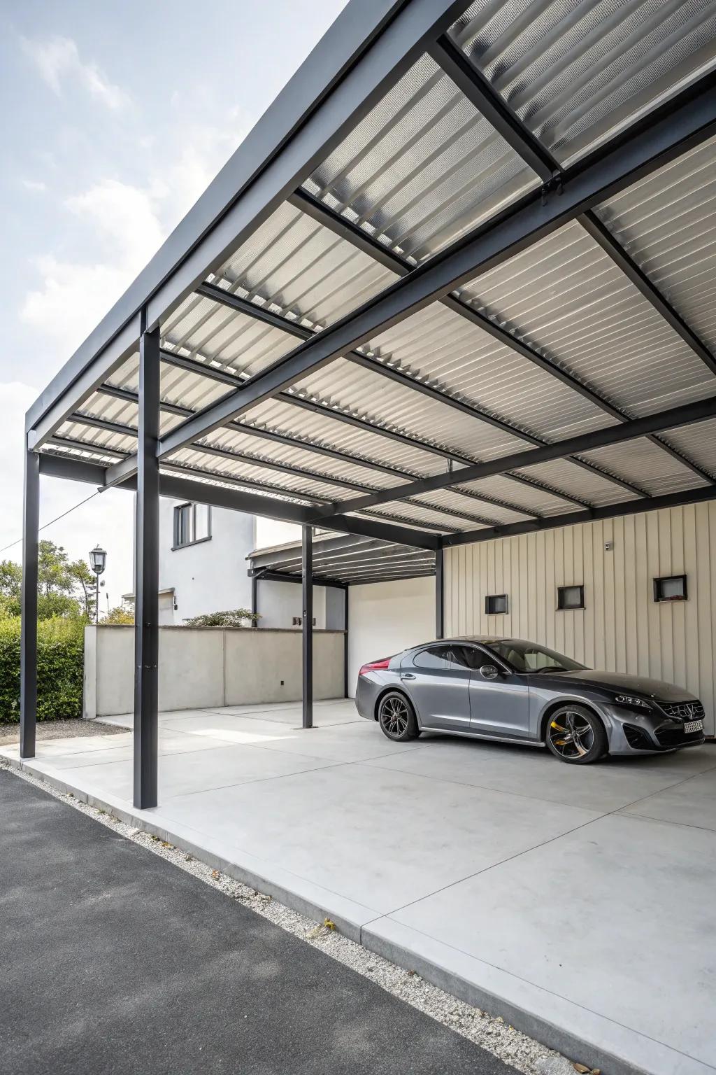An industrial-style carport delivers an urban chic aesthetic with exposed metal elements.
