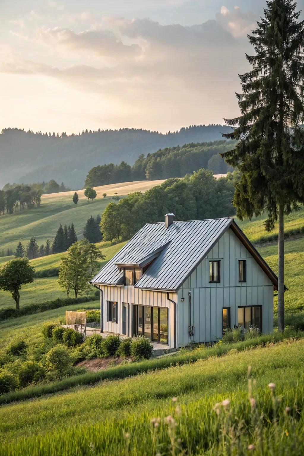 A picturesque countryside home blending cottage-style charm with modern metal wall cladding.