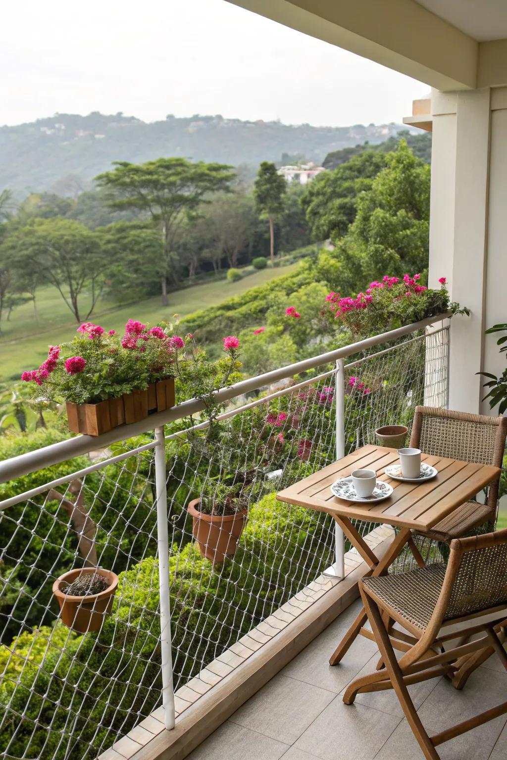 Balcony with woven wire railings and a lush garden view