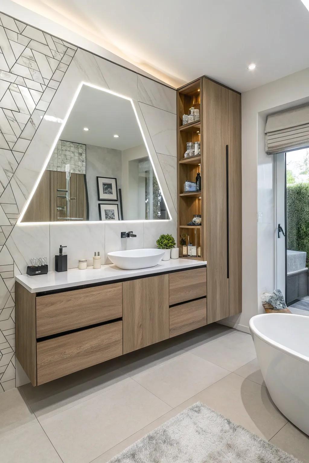 Asymmetrical designs deliver a distinctive twist to contemporary restroom storage units.