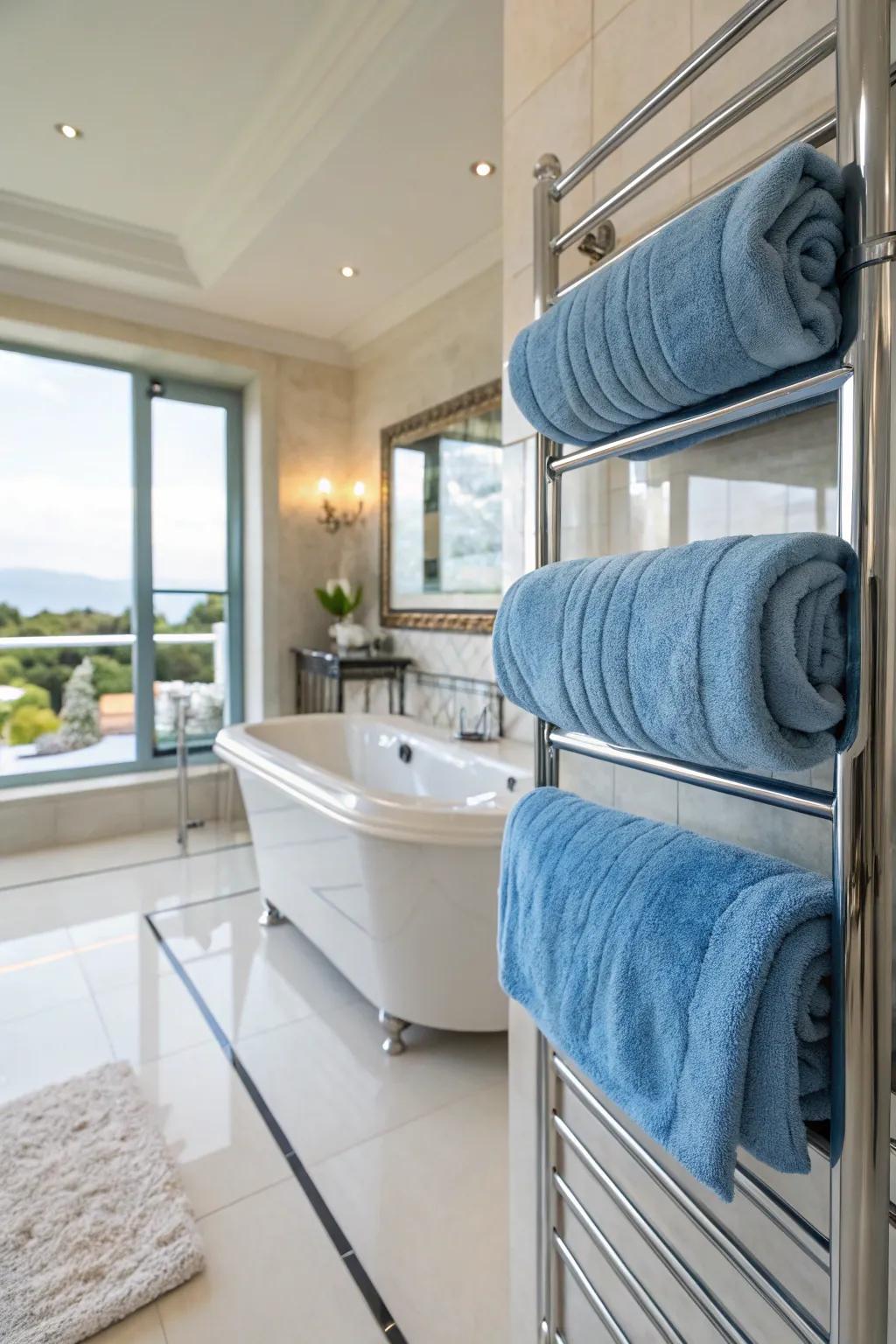 Sumptuous azure towels inject a simple yet effective dash of shade.