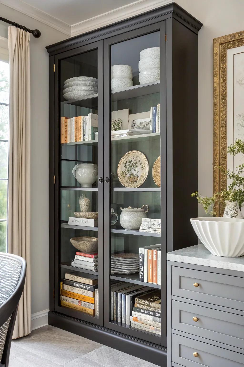 Books add an intellectual touch to a china cabinet.