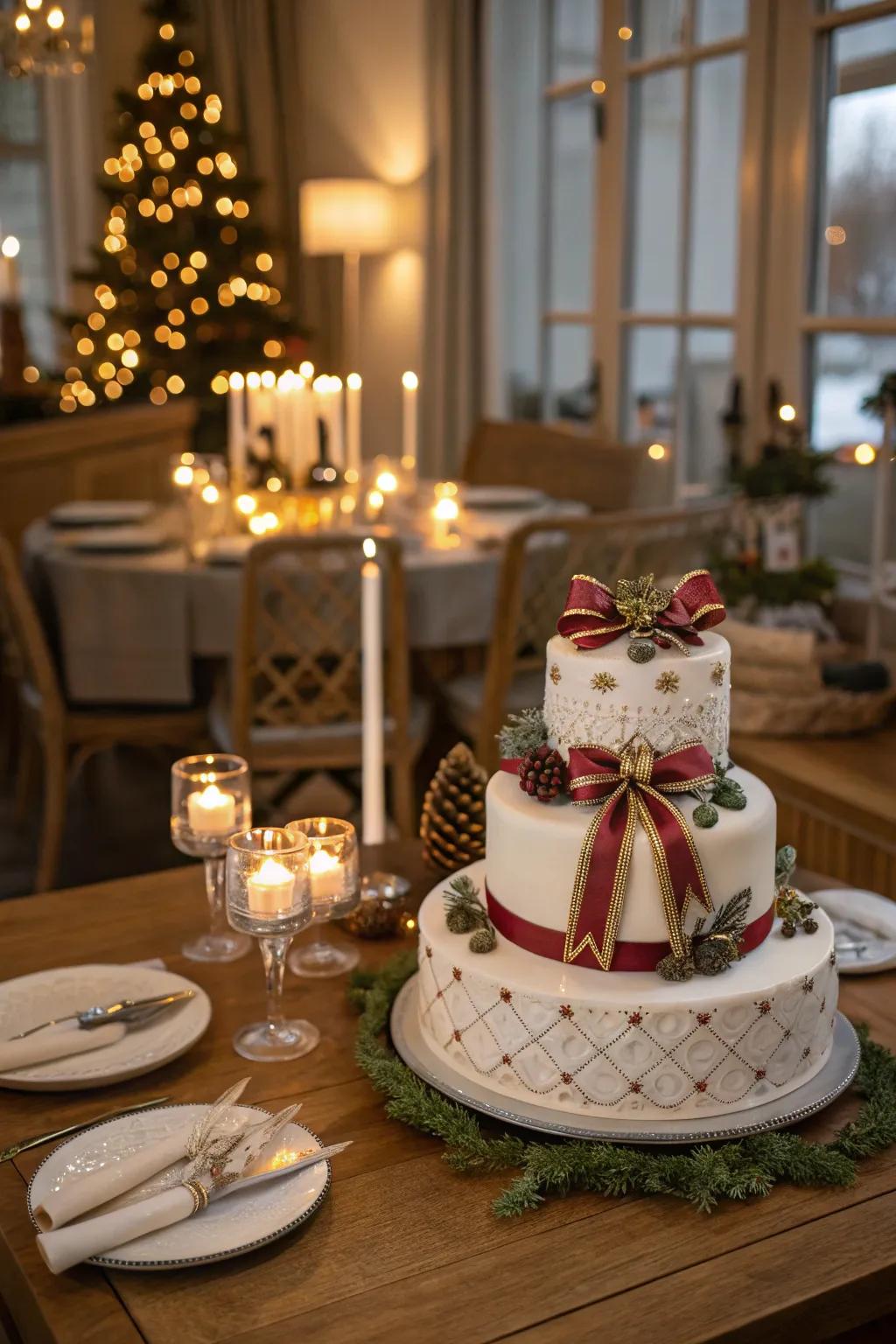 A yuletide cake featuring stylish ribbons and bows