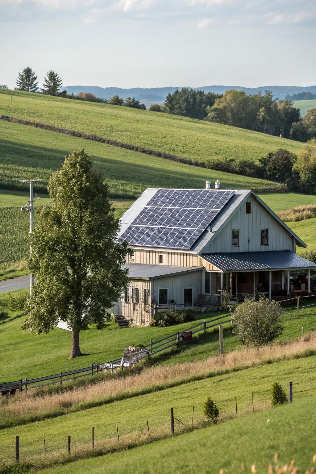 Sustainable innovation: A farmhouse showcasing energy collectors on a metal roof.
