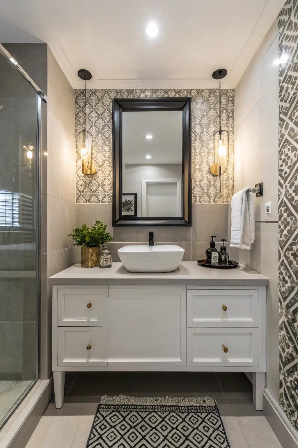 A freestanding vanity with modern fixtures in a powder room.