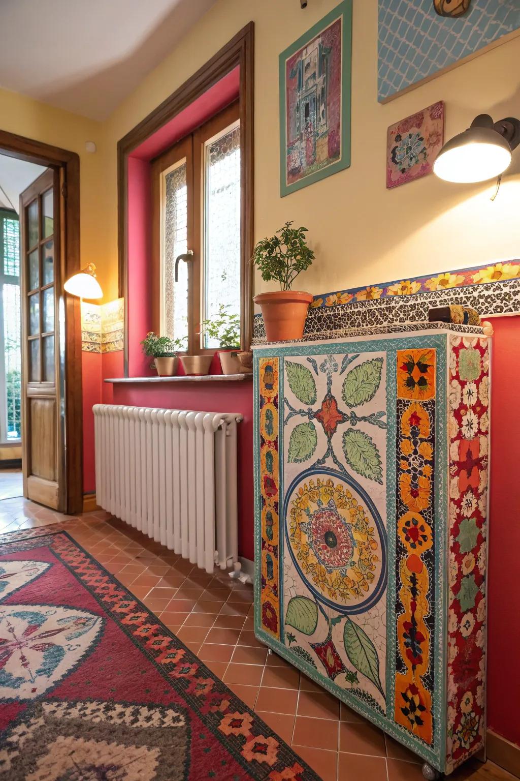 A radiator shield that has vibrant mosaic tiles.