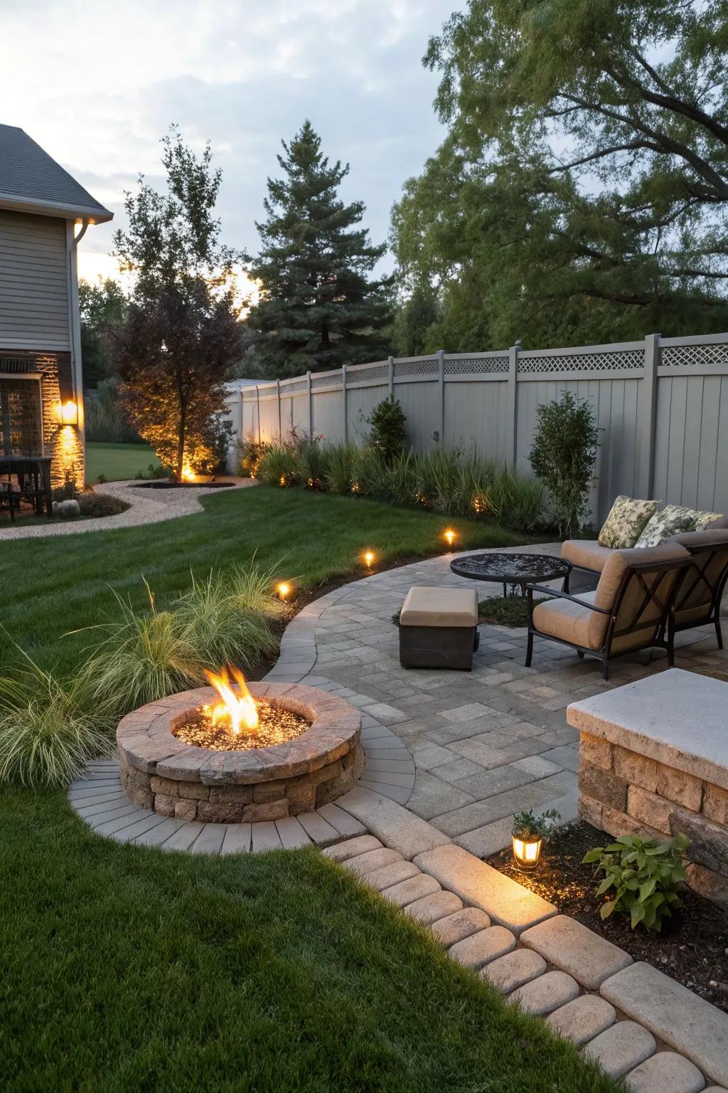 A fire element fashions a comfortable, inviting atmosphere.