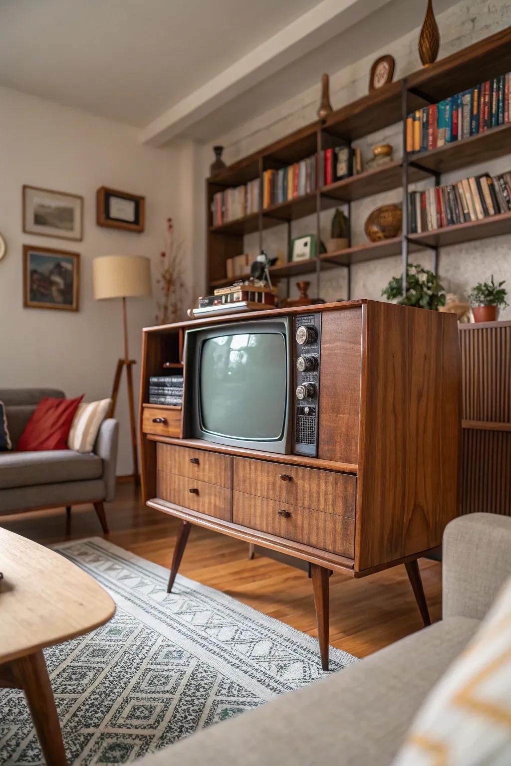 Vintage TV stand as a conversation starter.