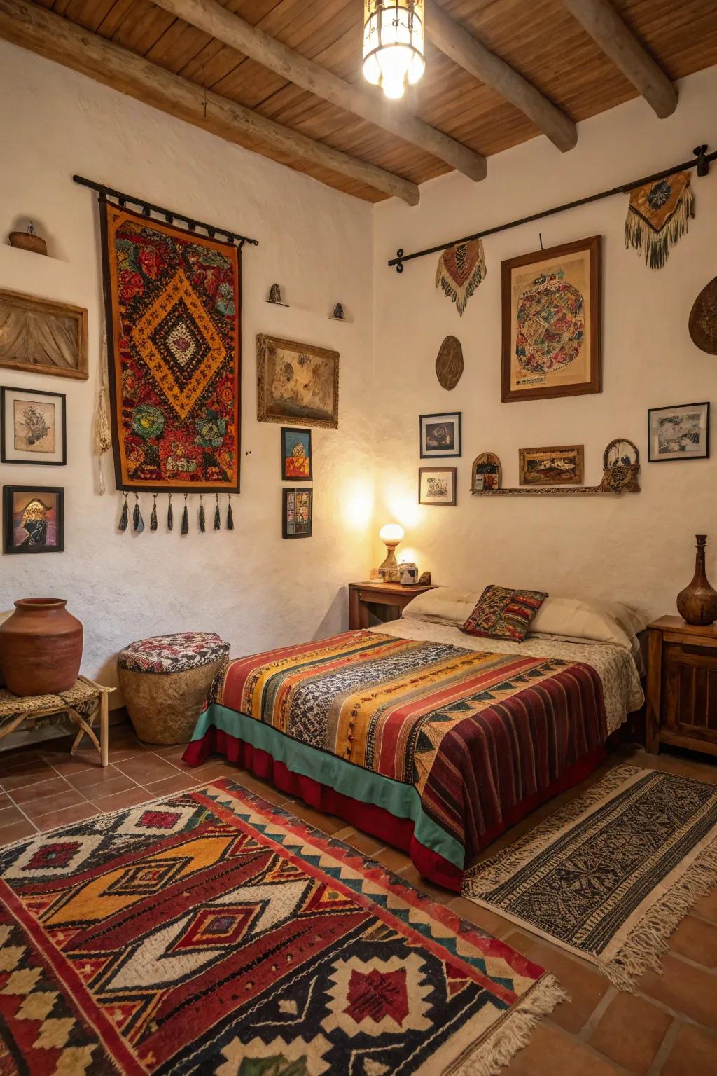 Cultural pieces infuse a bedroom with personal significance.