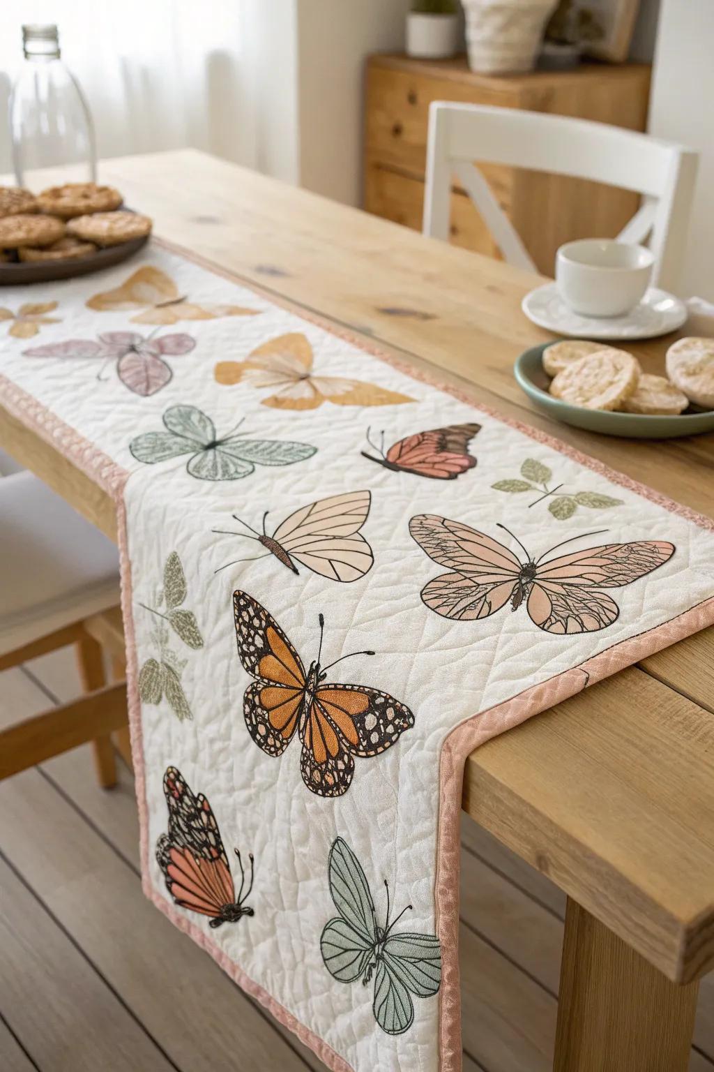 Append a hint of whimsical elegance to your dining space with a handcrafted butterfly table runner, celebrating the beauty of nature and the art of patchwork.