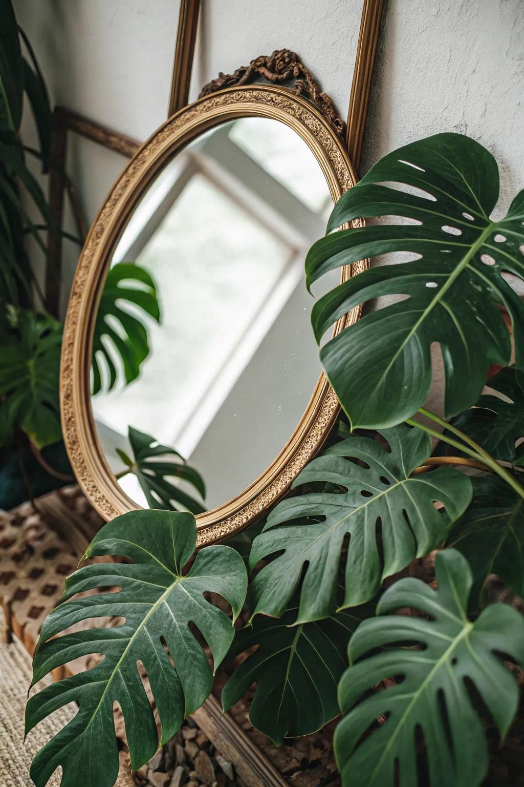 A hallway mirror with a jungle-inspired split-leaf philodendron frame.
