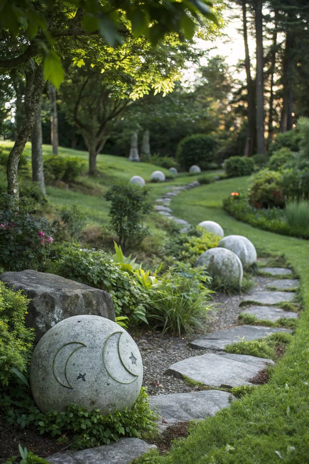 Moon phase markers add a thematic touch to the garden.