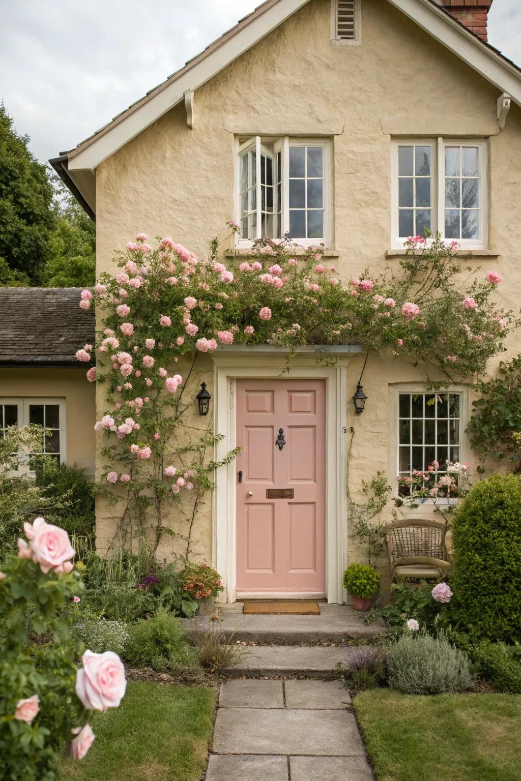 Pink front door introduces a gentle and refined accent to a beige house.
