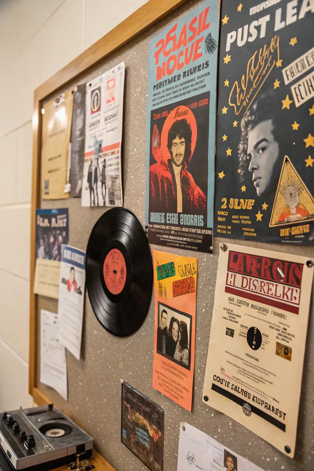 Nostalgic bulletin board highlighting music through the decades.