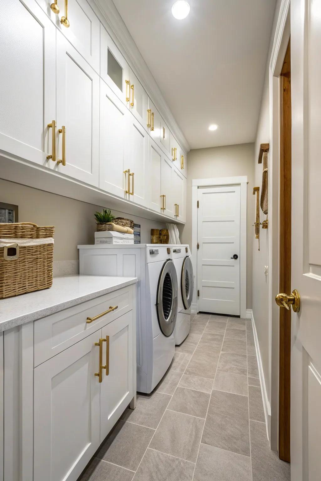 Designer hardware imparts a sophisticated touch to your laundry room design.