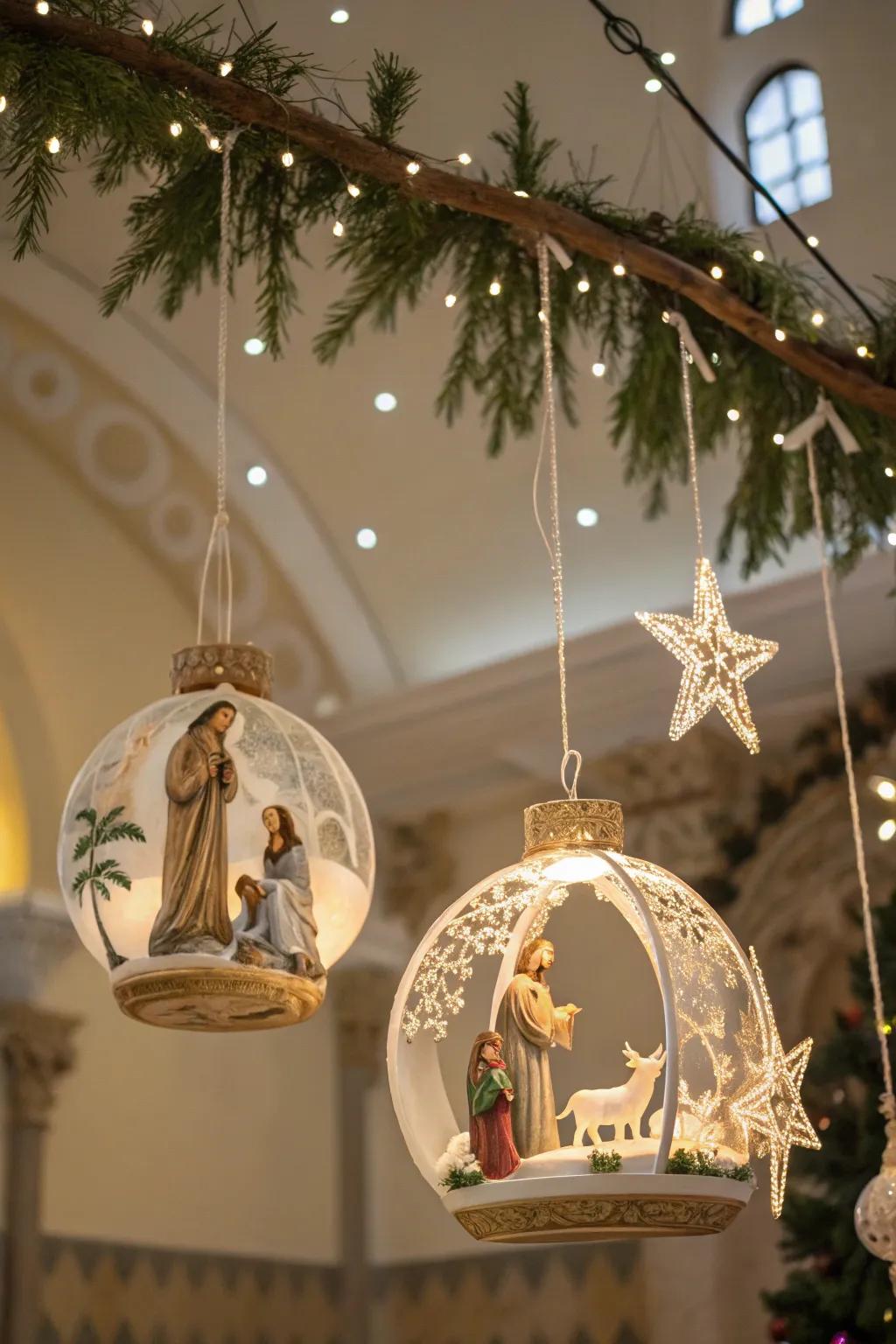 Floating nativity baubles fashion an ethereal display.