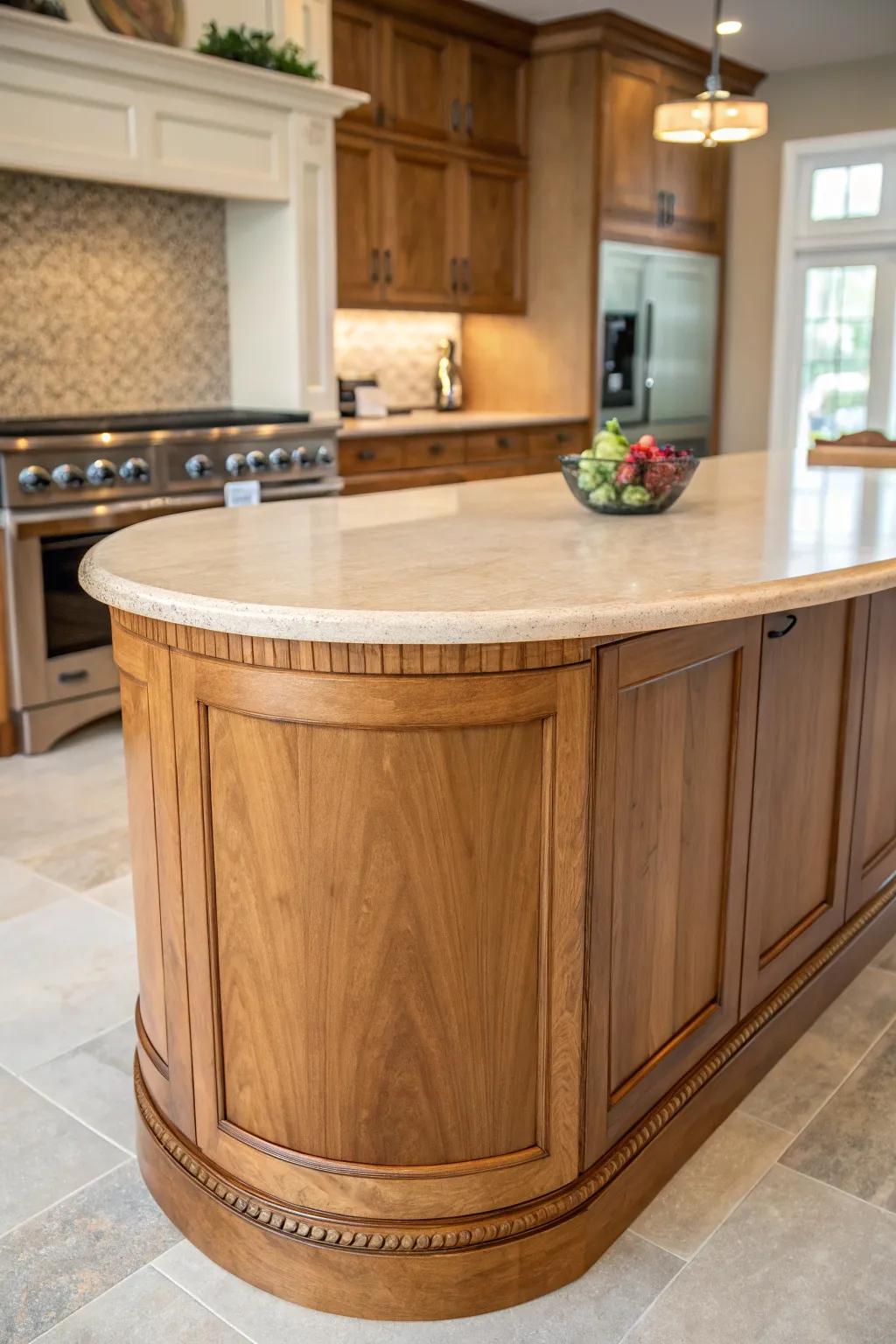 Curved wood borderlines incorporate elegance and softness to the kitchen.