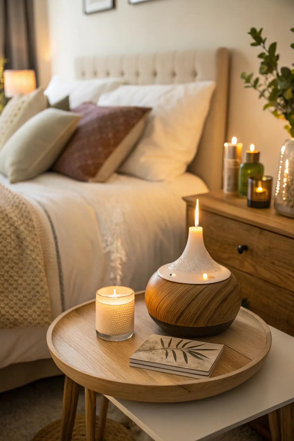 Forest scents improve the raw ambiance of the bedroom.