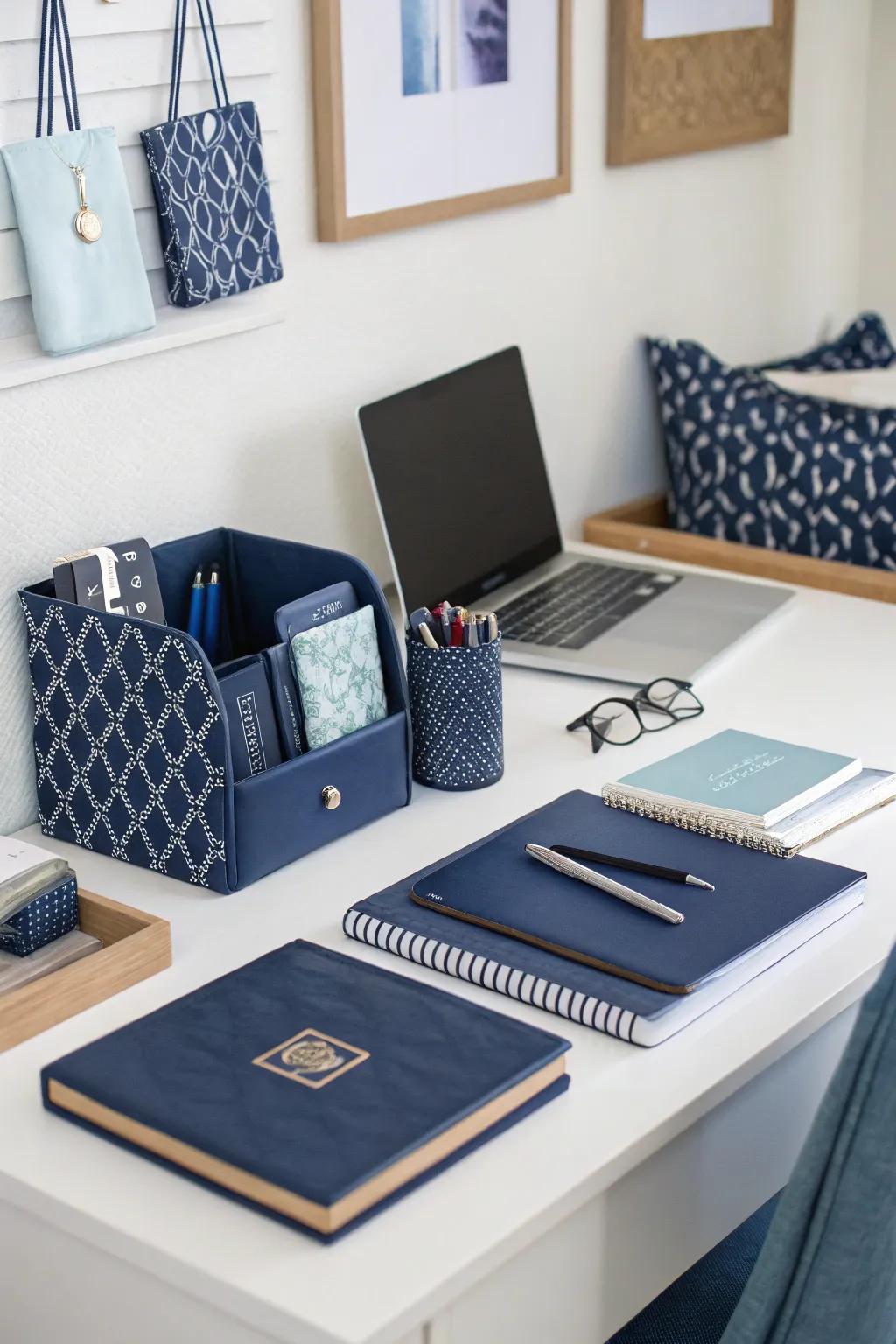 Navy blue desk accessories enhance both style and organization.