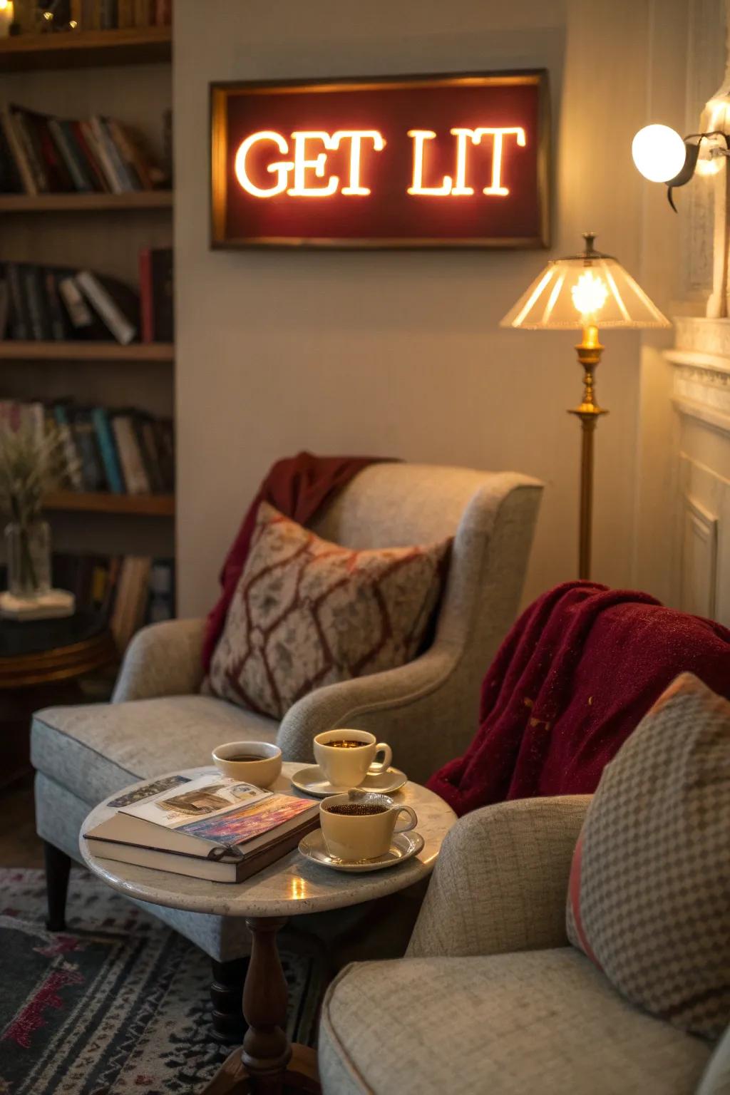 A neon sign adds a cozy glow to a reading nook.