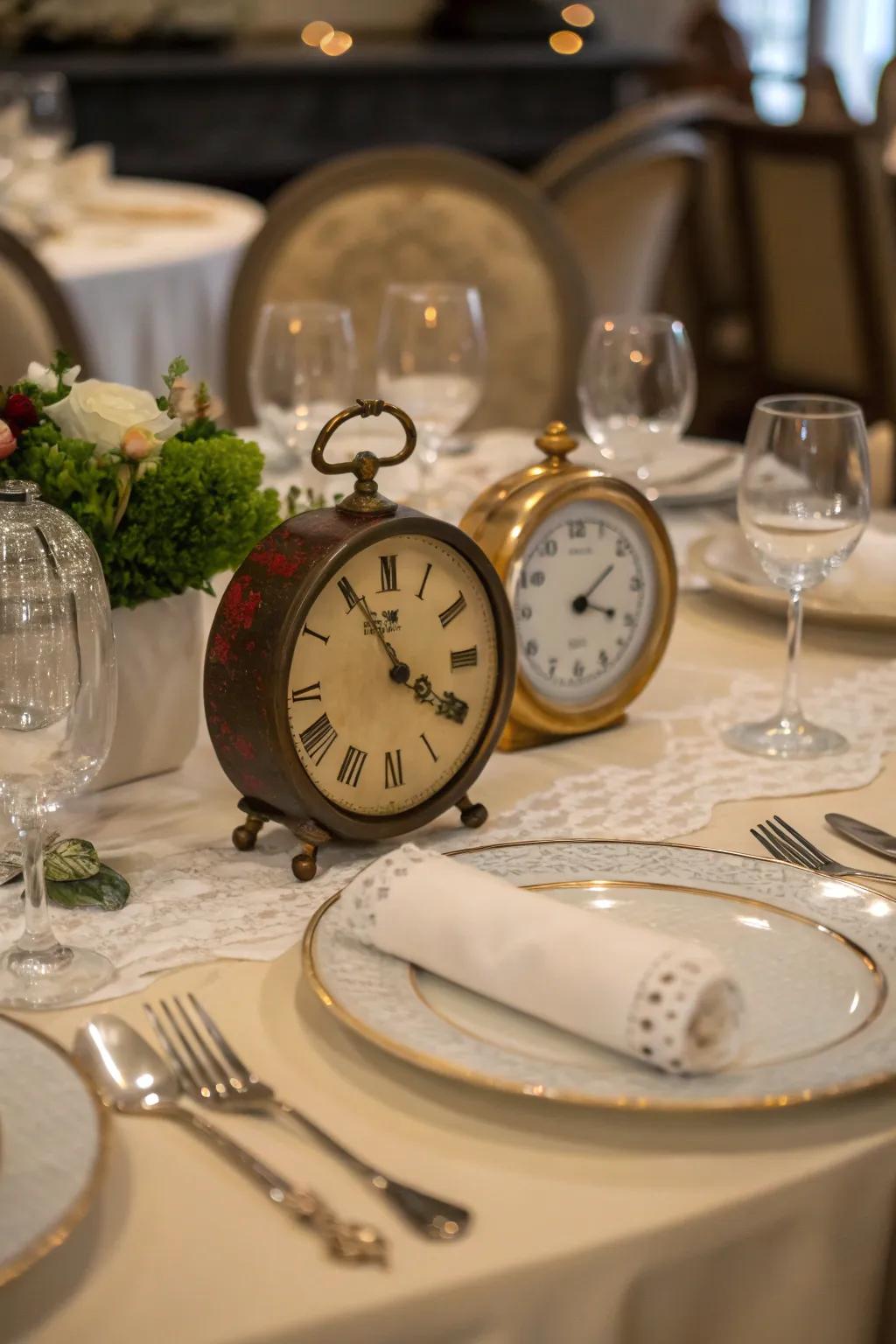 Vintage timepieces as centerpieces contribute charm and symbolism.