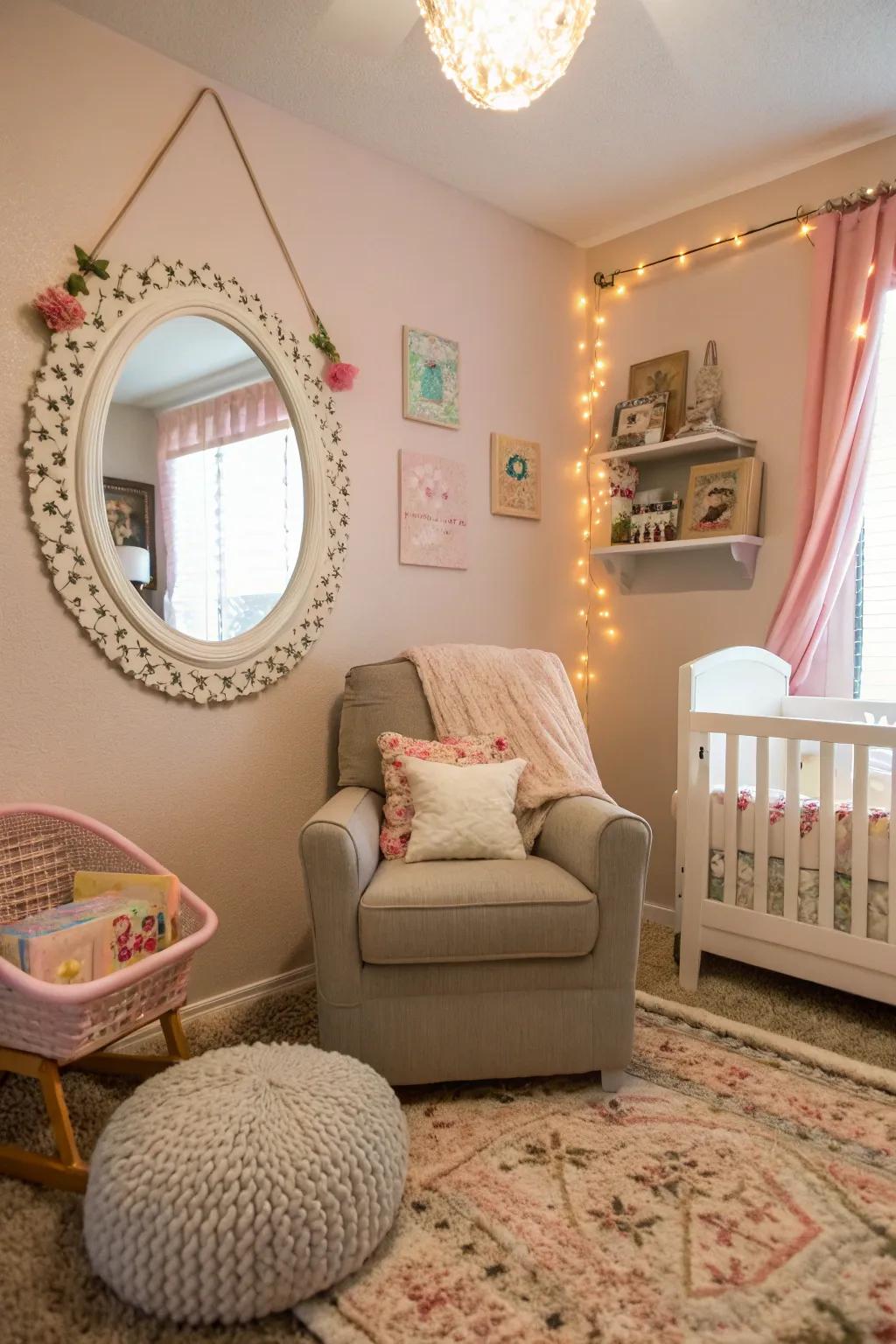 Looking-glasses can amplify the visual space of a nursery nook.