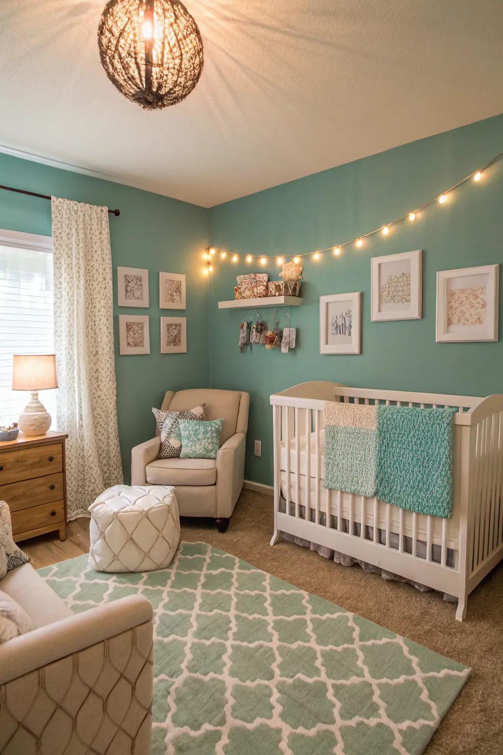 A sophisticated nursery featuring captivating blue-green touches.