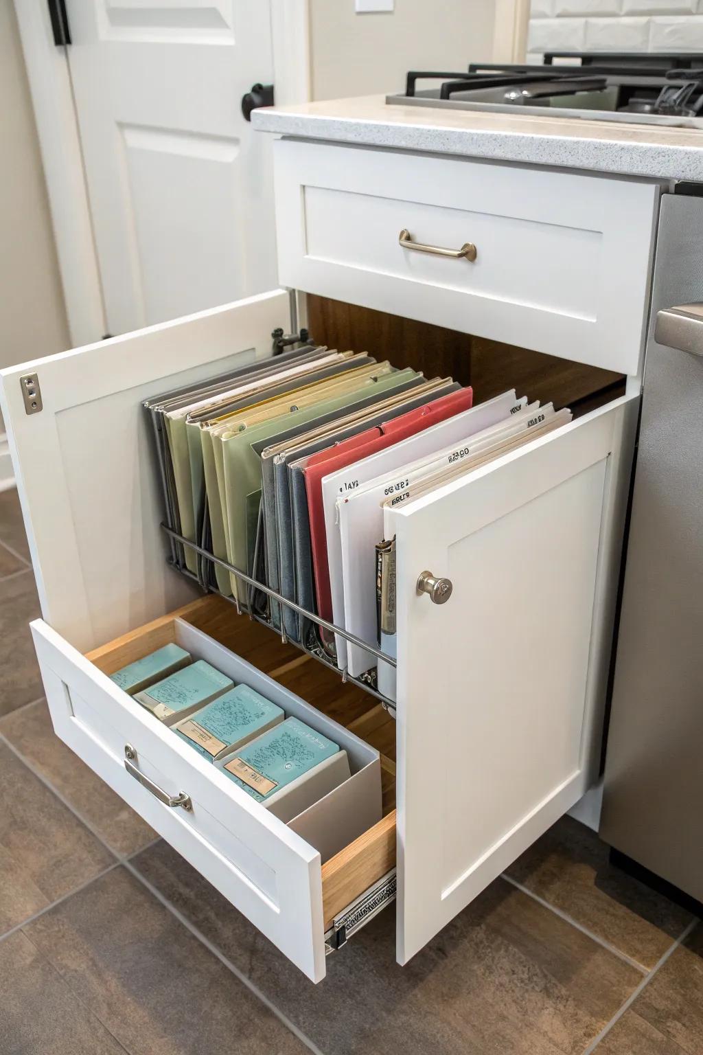 Standing file holders arrange flat items.