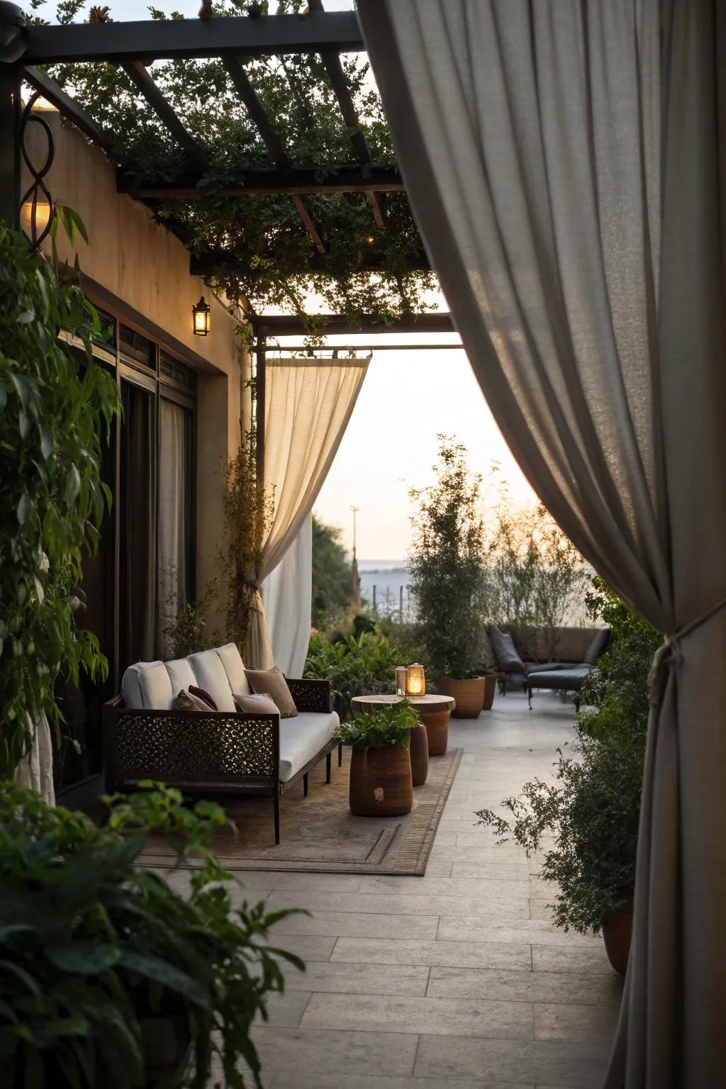 Alfresco window coverings contribute privacy and a snug vibe.