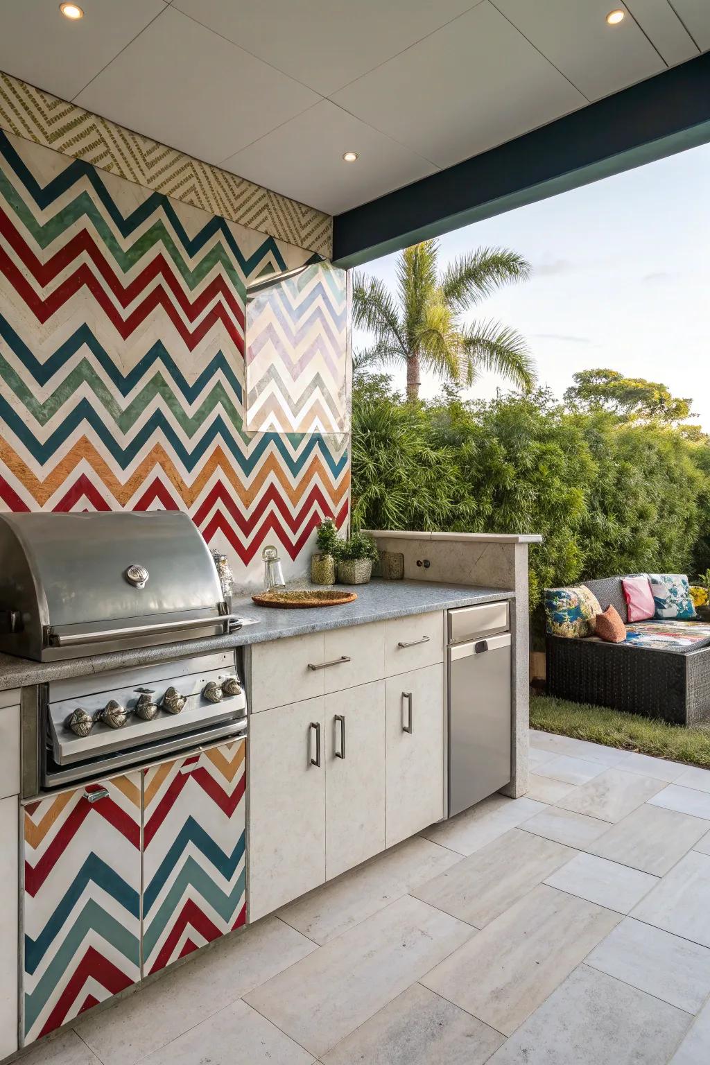 Chevron patterns add dynamic visual interest to outdoor kitchen spaces.