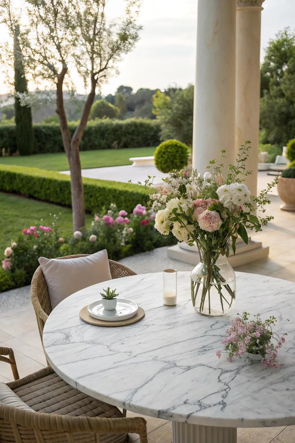 Marble table tops offer timeless elegance and luxury to outdoor spaces.