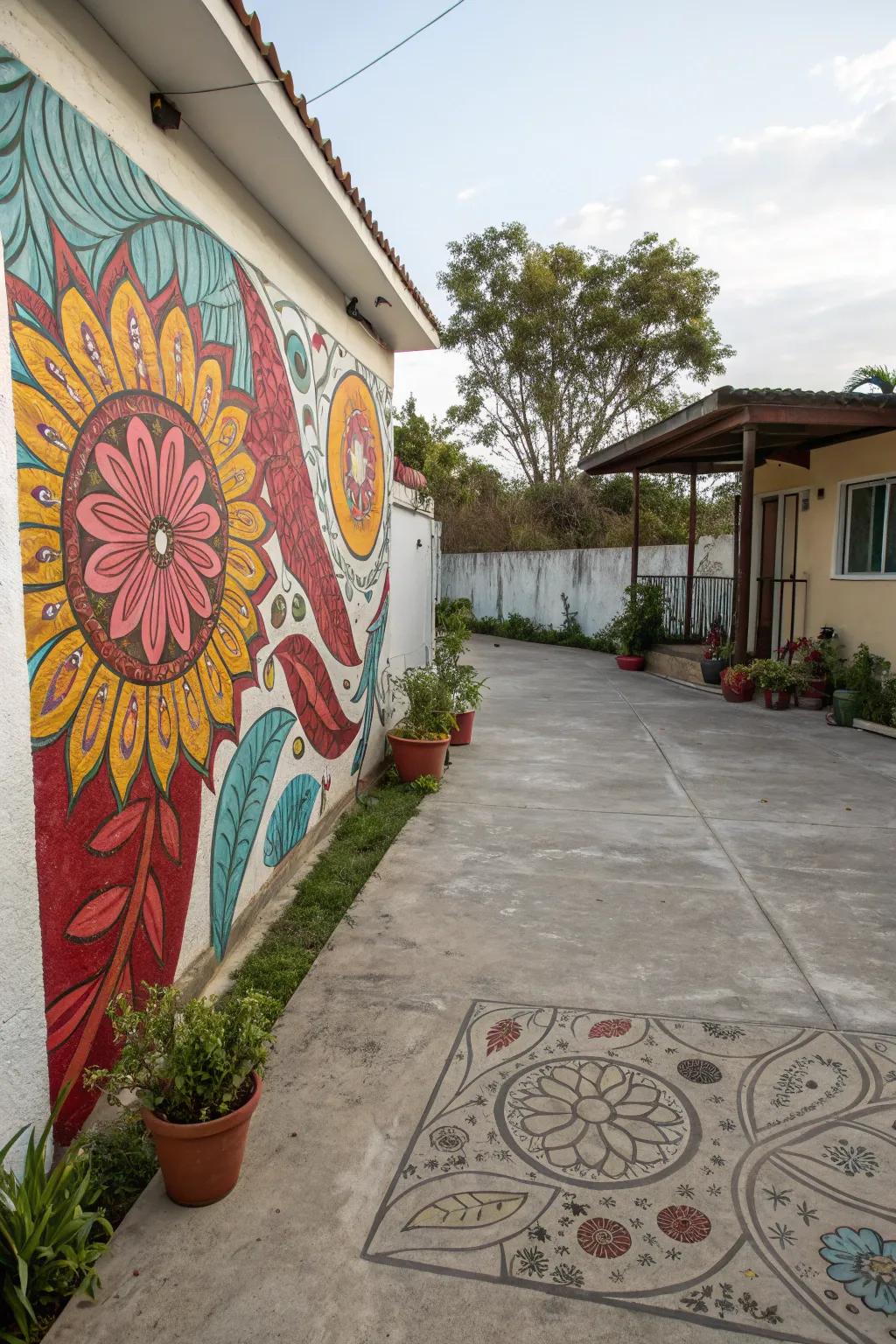 An artistic wall design transmuting this patio into a bold proclamation piece.
