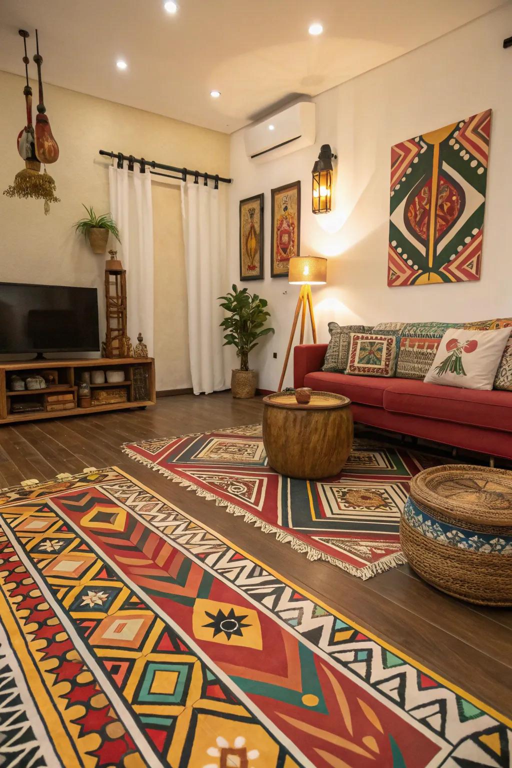 A living room featuring bright floors painted with tribal designs, making a lively cultural place.