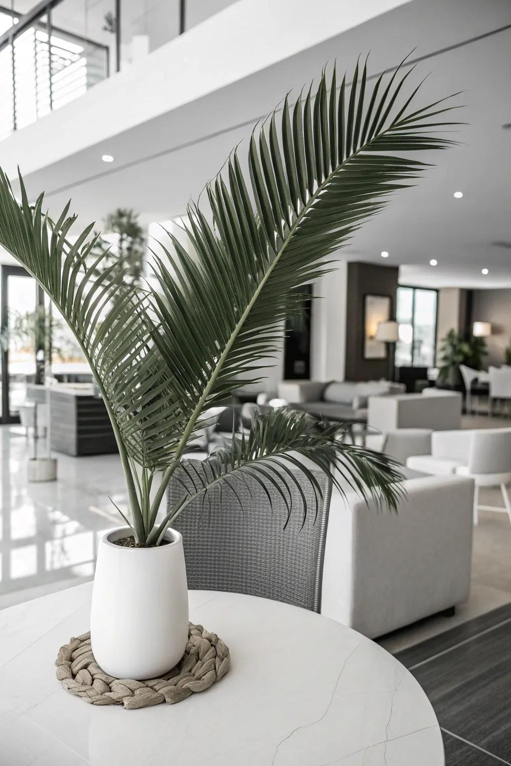 A monochrome palette with palm fronds offers a sophisticated look.