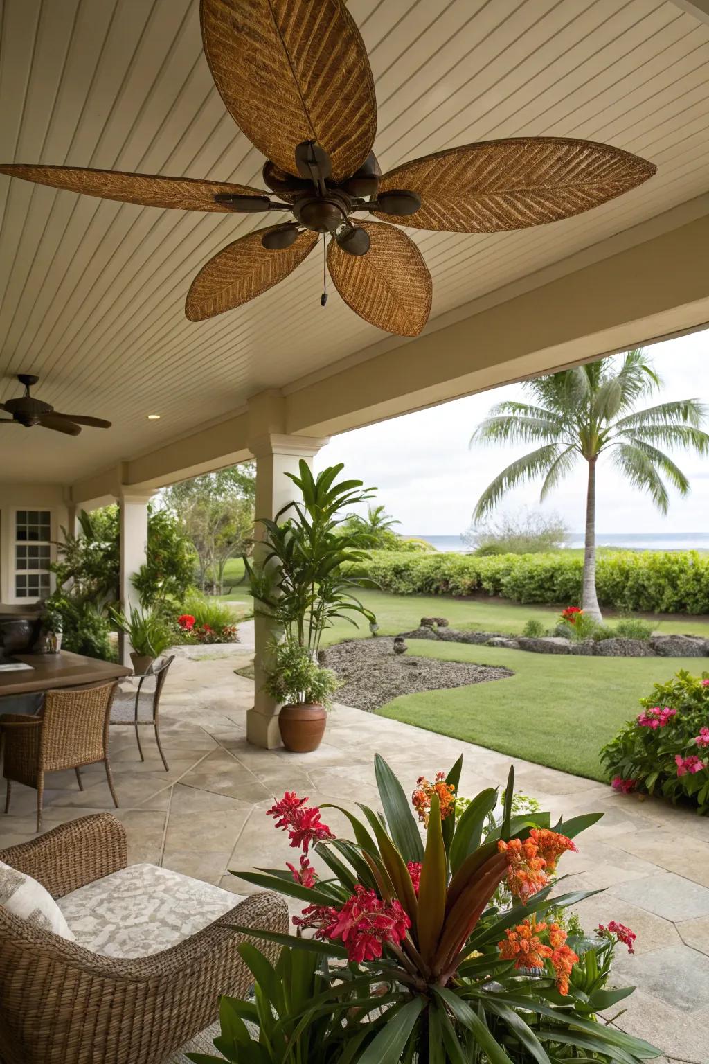 A tropical-themed patio featuring a ceiling fan with palm leaf blades.