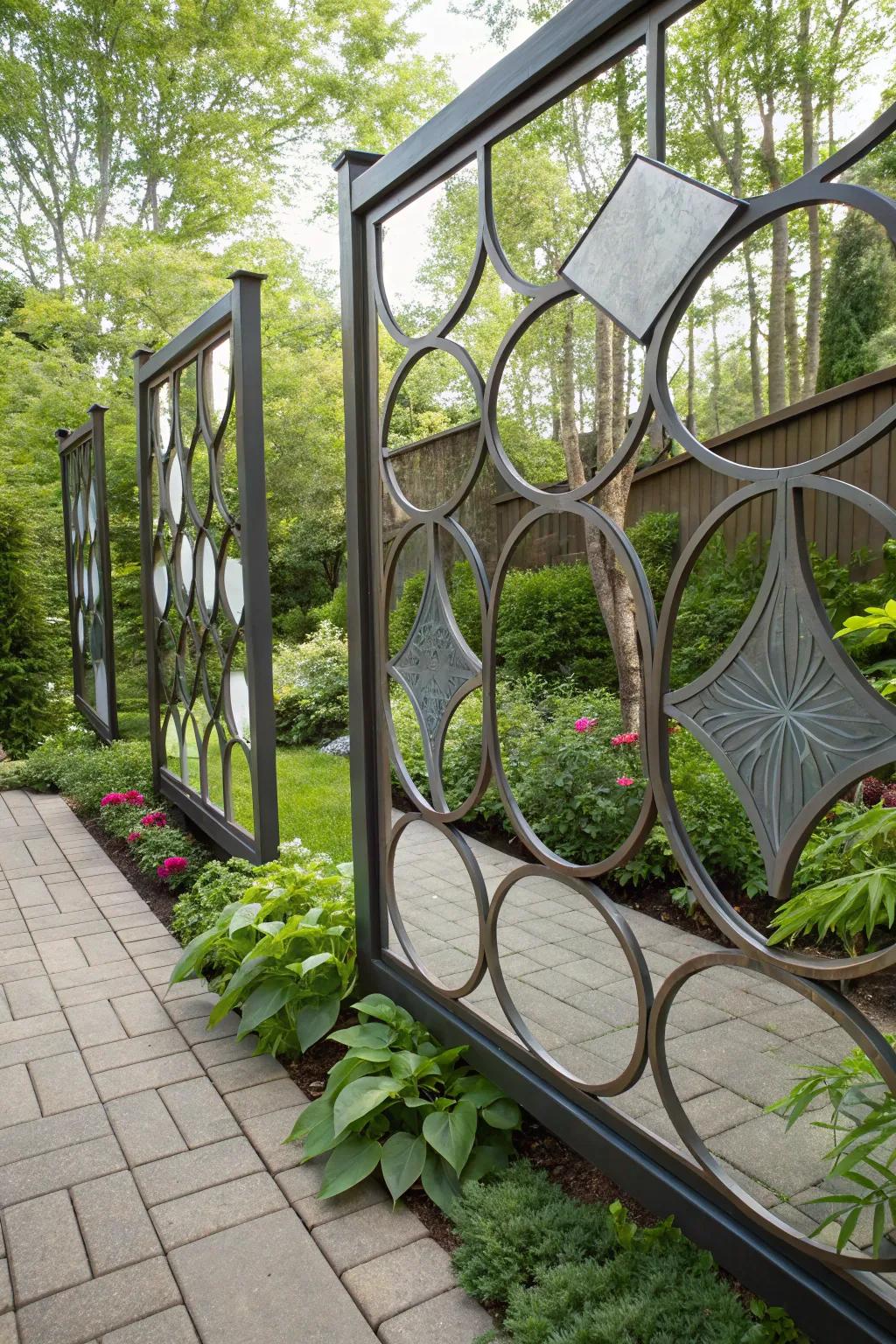Mirrors on a patio fence fashioning the semblance of greater space.