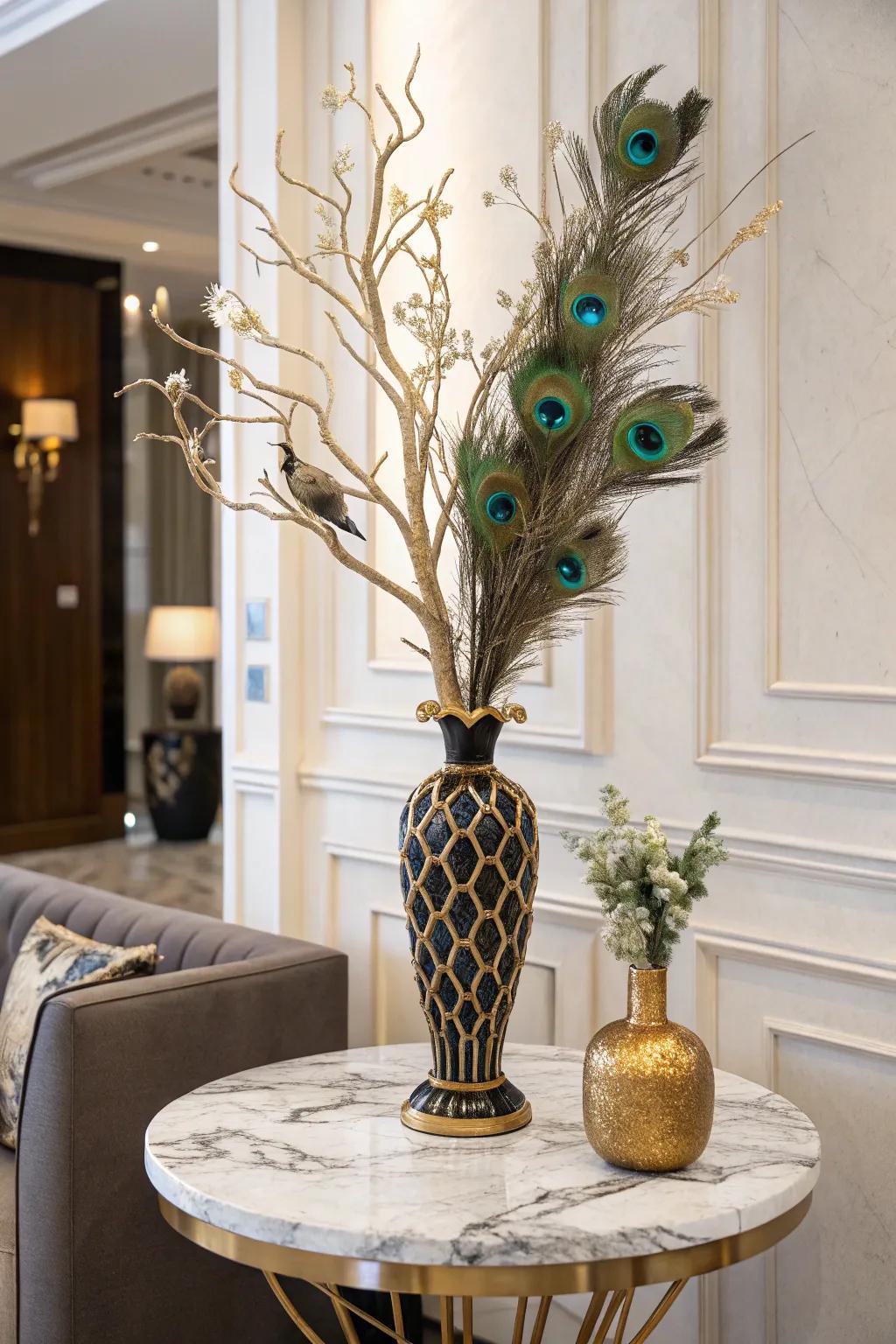 A luxurious centerpiece featuring gilded branches and peacock plumes.
